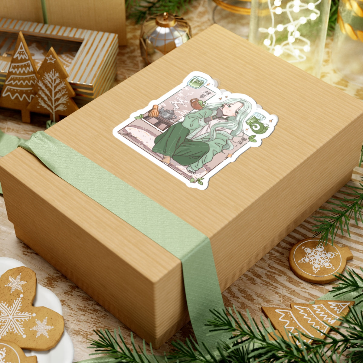 Matcha Girl Kiss-Cut Sticker — Aesthetic Anime Tea Sticker