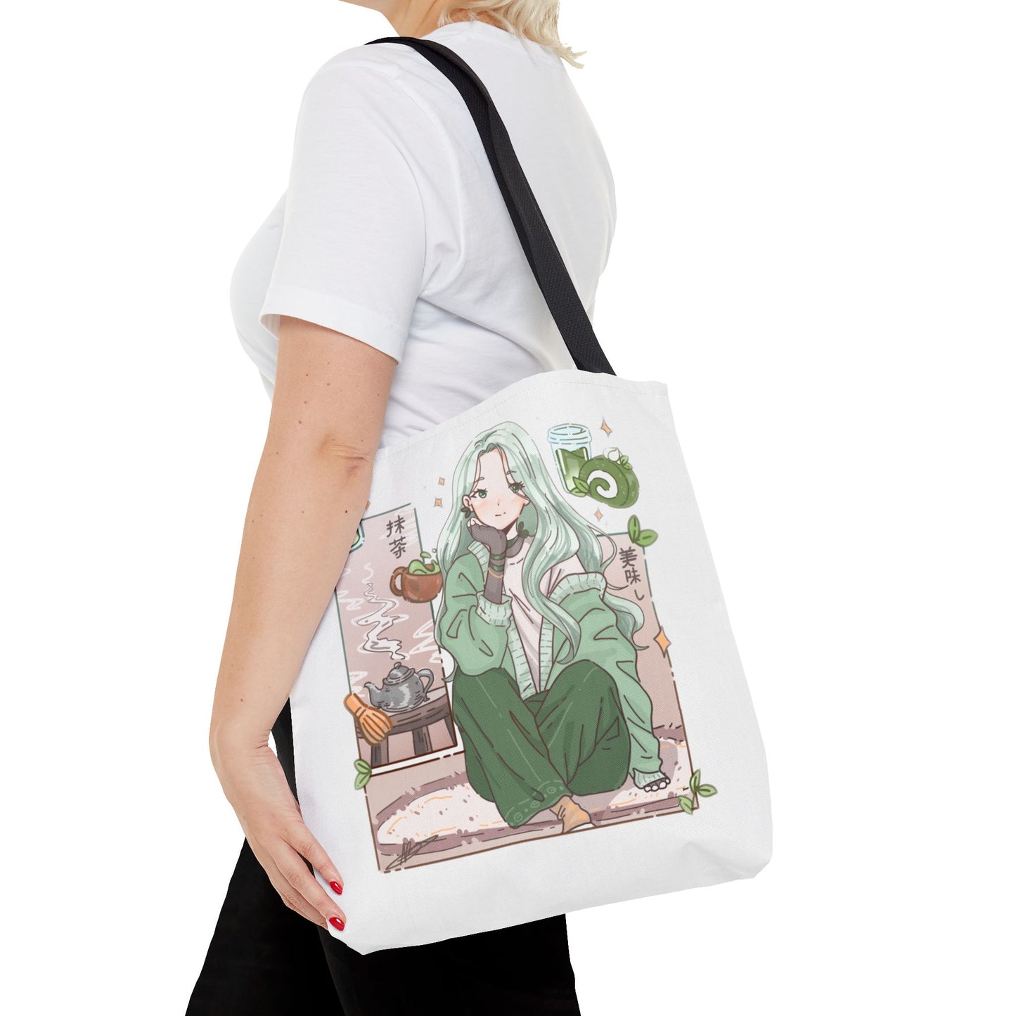 Anime Girl Green Aesthetic Tote Bag – Cozy Kawaii All-Over Print Tote