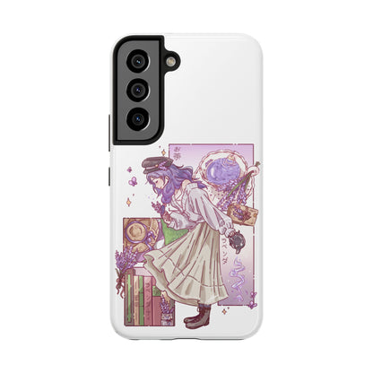 Mystic Librarian Tough Phone Case — Lavender Tea Anime Girl, Pastel Purple Bookstore Art