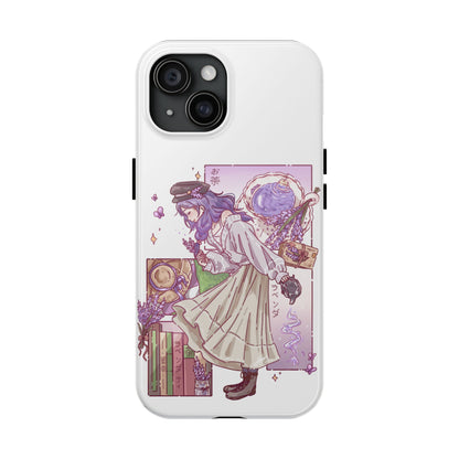 Mystic Librarian Tough Phone Case — Lavender Tea Anime Girl, Pastel Purple Bookstore Art