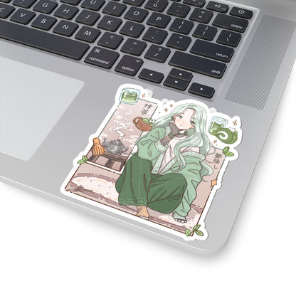 Matcha Girl Kiss-Cut Sticker — Aesthetic Anime Tea Sticker
