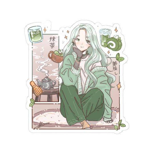 Matcha Girl Kiss-Cut Sticker — Aesthetic Anime Tea Sticker
