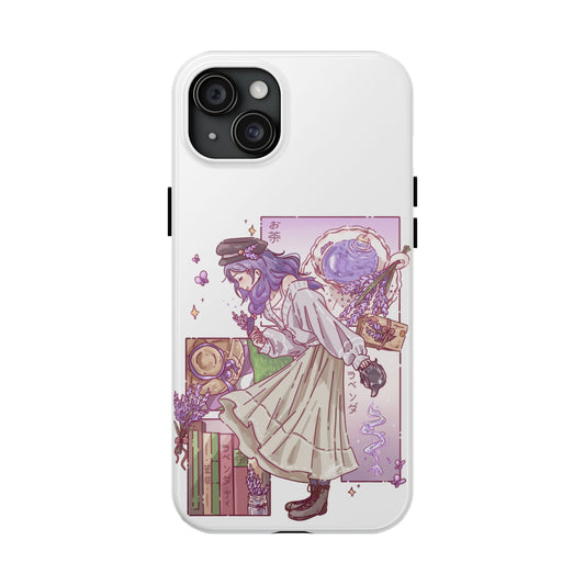 Mystic Librarian Tough Phone Case — Lavender Tea Anime Girl, Pastel Purple Bookstore Art