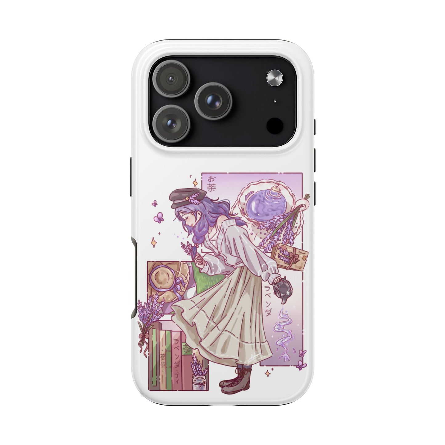 Mystic Librarian Tough Phone Case — Lavender Tea Anime Girl, Pastel Purple Bookstore Art