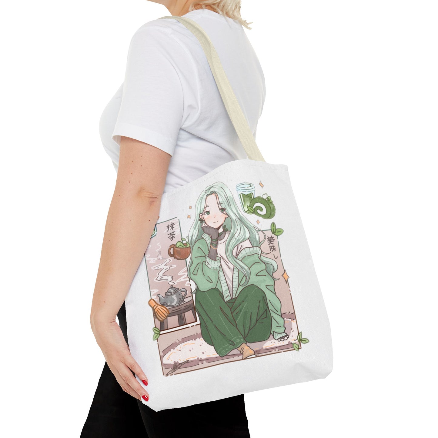 Anime Girl Green Aesthetic Tote Bag – Cozy Kawaii All-Over Print Tote